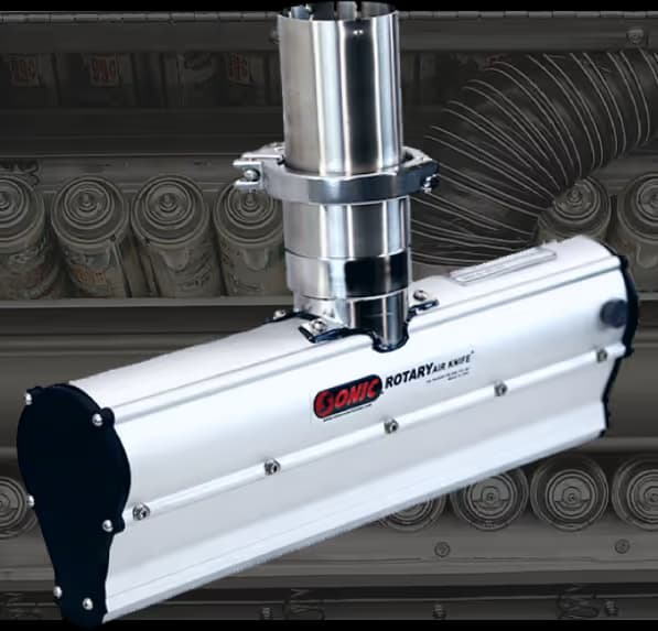 Sonic Rotary Air Knife assembly with a white horizontal plenum and polished stainless steel vertical inlet duct.