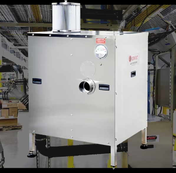 Sonic Air Systems stainless steel blower enclosure with a top-mounted cylindrical intake filter and integrated analog pressure gauge.