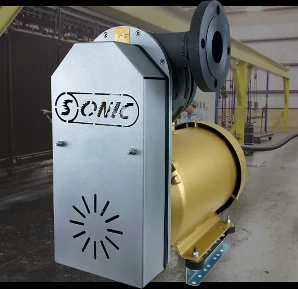 Sonic centrifugal blower assembly with a silver belt guard, high-efficiency gold-painted motor, and black flanged air outlet.