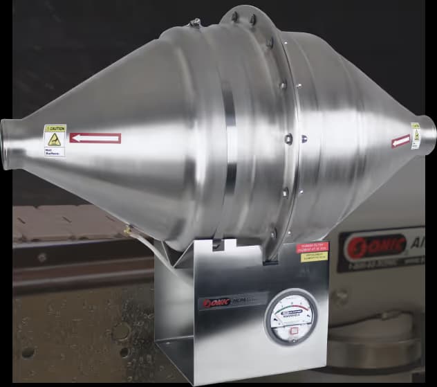 Sonic HEPA filter housing in polished stainless steel with a double-conical shape and integrated Magnehelic pressure gauge.