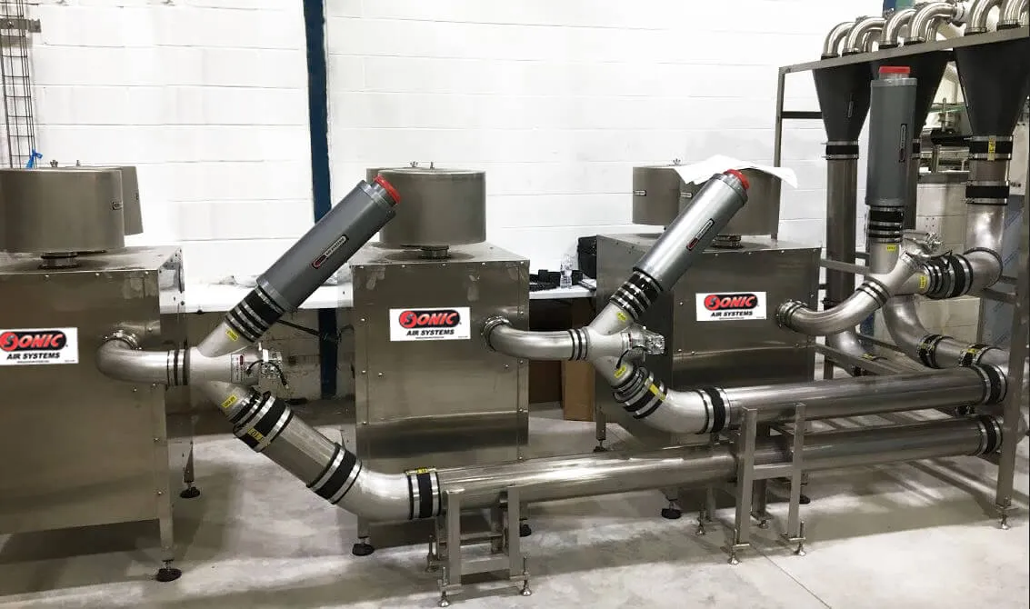 Gemini said An industrial image shows a stainless steel air handling and pneumatic conveying system by Sonic Air Systems. The system features a row of blower units with extensive piping, flexible black couplings, filter housings, and a rack of multiple cyclone separators in a clean industrial environment.